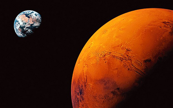 Planet Mars, Earth visible in background (Digital Composite)